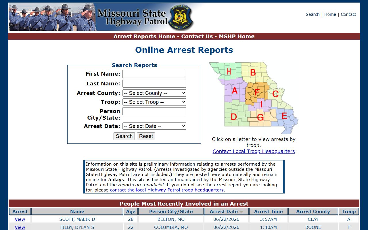Holt County arrest records and MSHP arrest report search