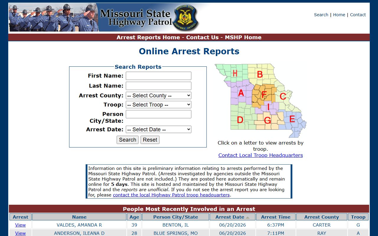 Holt County arrest records in MSHP date-sorted arrest reports
