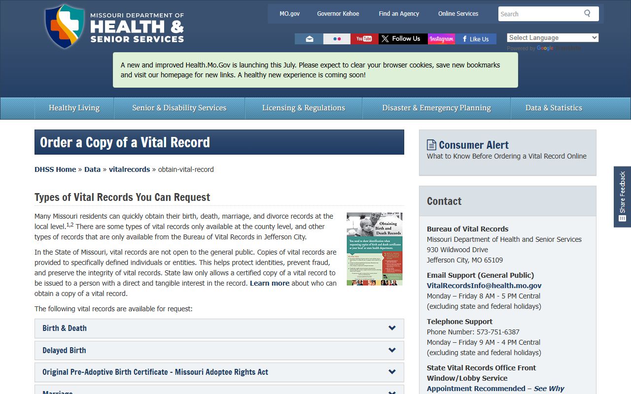 Holt County marriage and divorce records Missouri vital records ordering page