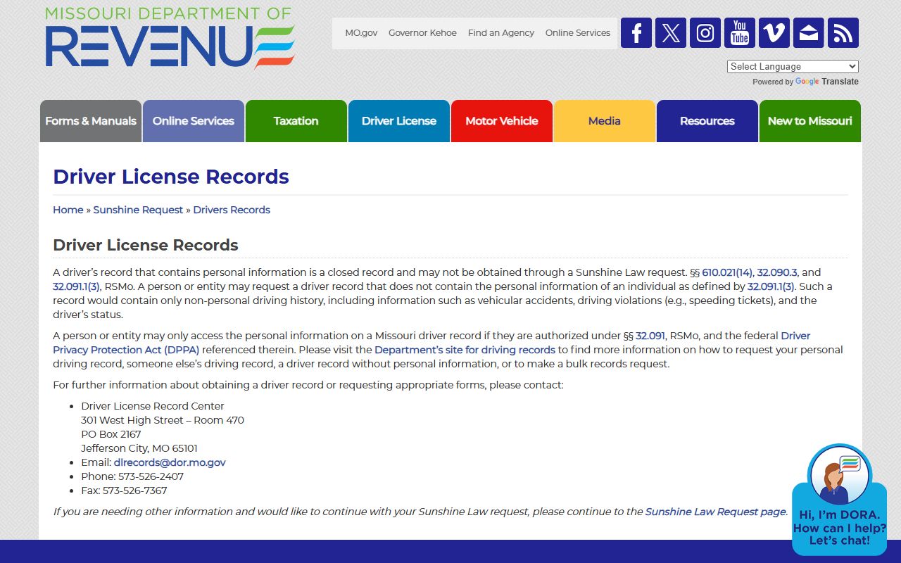 Holt County traffic court records Missouri DOR driver records page